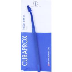 Blauer Zahnzwischenraumbürstenhalter in einer blauen Verpackung.