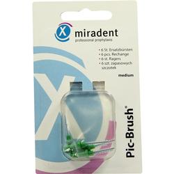 Die Verpackung enthält sechs grüne Interdentalbürsten von Miradent.