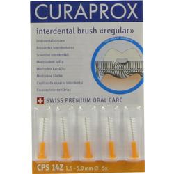 Fünf Interdentalbürsten in einer Verpackung mit blauer Aufschrift "Curaprox".