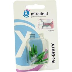 Verpackung mit grünen Interdentalbürsten der Marke Miradent.