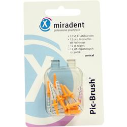 Verpackung mit zwölf kleinen orangen und weißen Zahnzwischenraumbürsten.