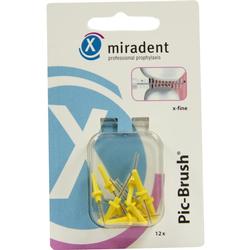 Gelbe Zahnreinigerbürsten von "miradent" in einer Verpackung mit blauem Hintergrund.