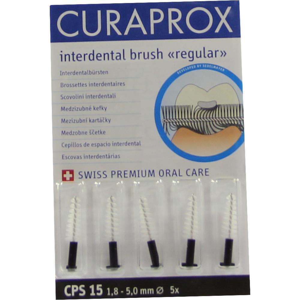 Fünf schmale Interdentalbürsten in einer Verpackung von Curaprox.